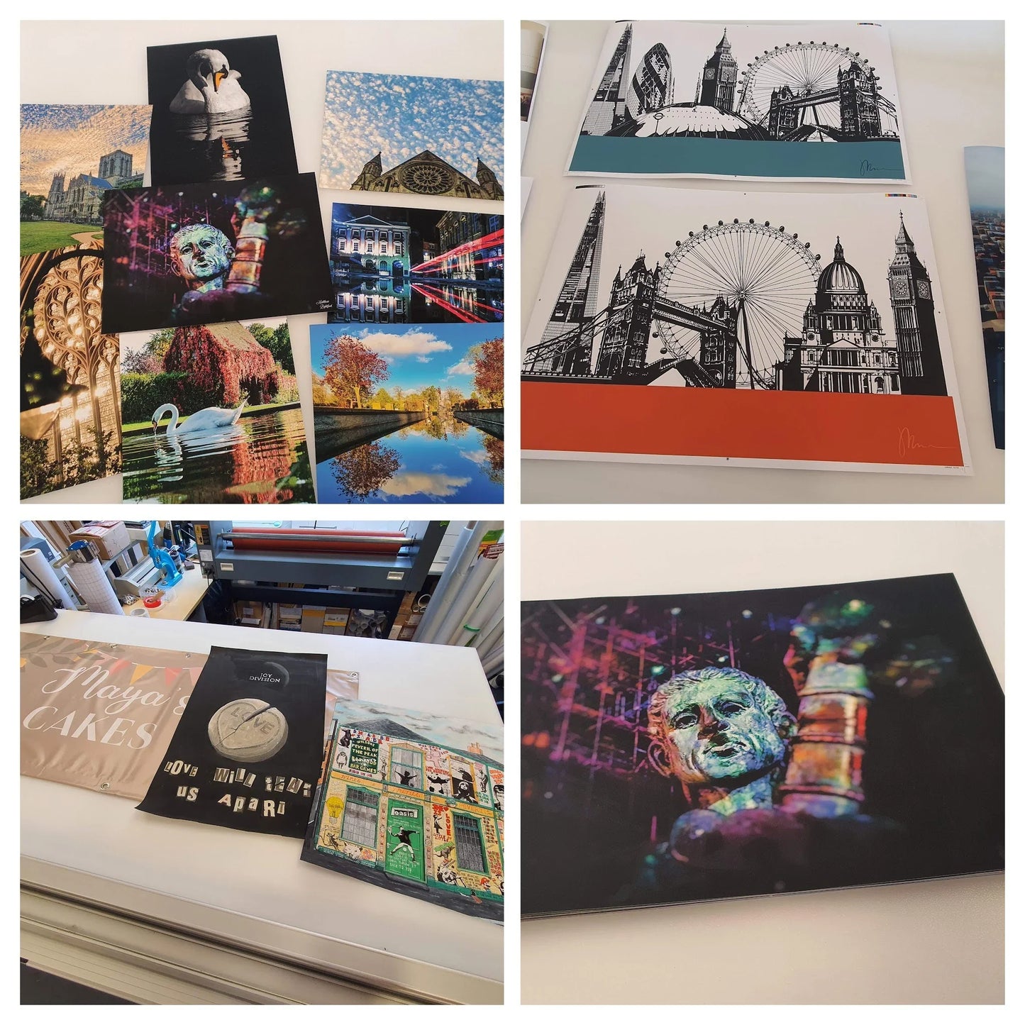 Assorted giclée photo prints featuring cityscapes, art, and vibrant photographic images.