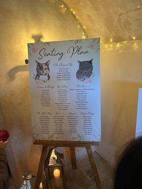 Wedding seating plan board with animal illustrations on easel, lit by fairy lights.